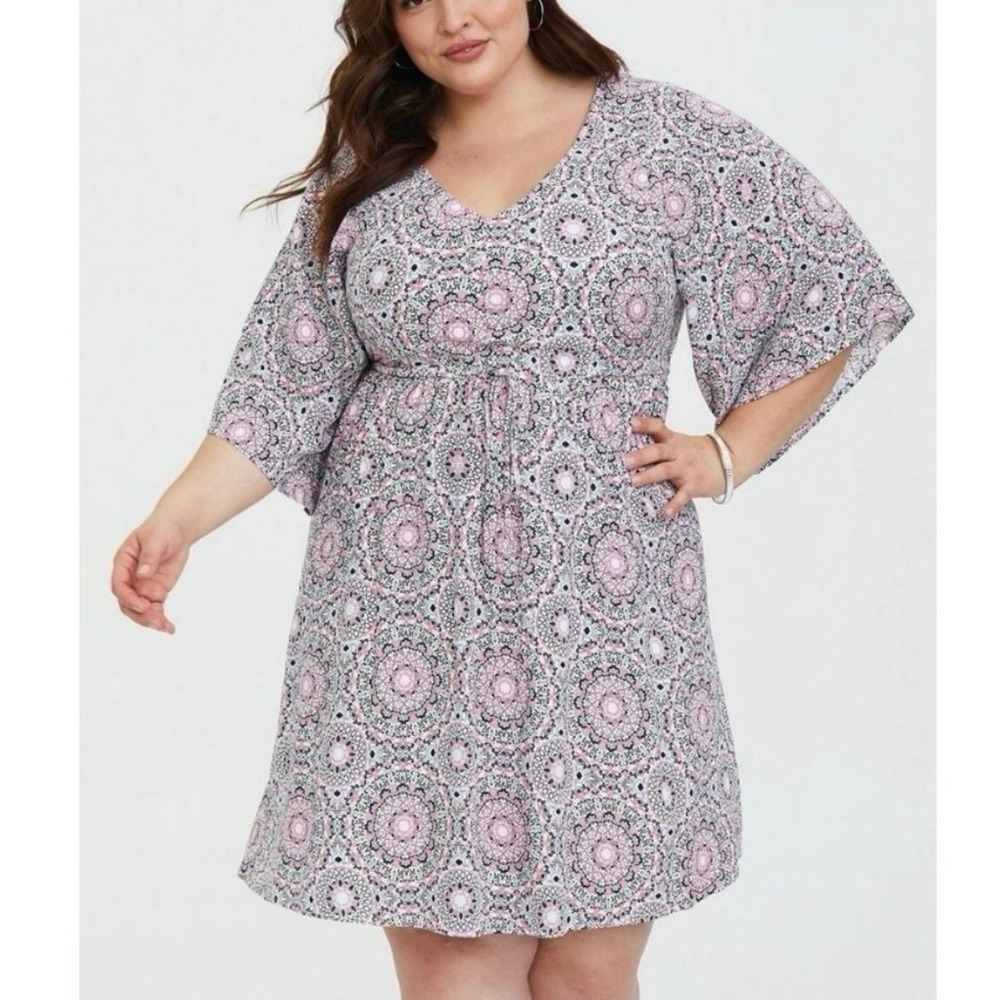 Torrid Pink Blue Mandala Challis Bell Sleeve Strappy Back Mini Dress Size 4X